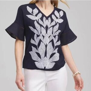 Chicos Top Women's 3 - XL Navy Blue Linen Leaf Embroidered Flutter Sleeve Boho